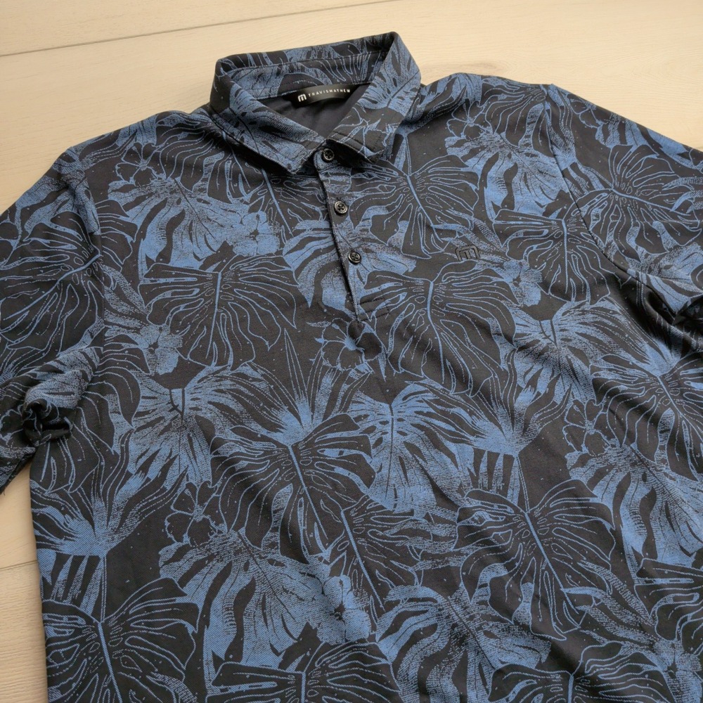 Travis Mathew Mainlanders Golf Polo Shirt Mens L Tropical Leaf Print Blue Black